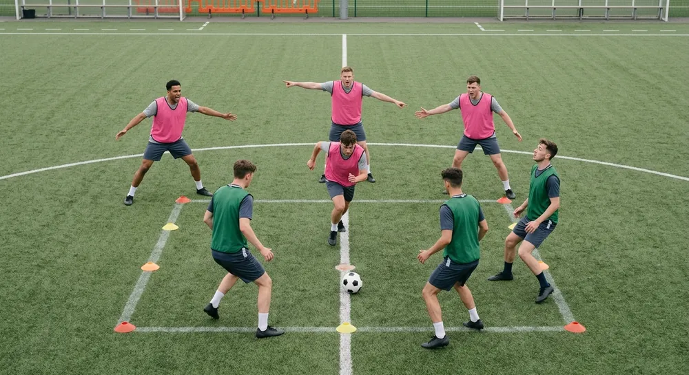 One player in a pink bib sprints at the ball while three teammates fan out to cut passing lanes.