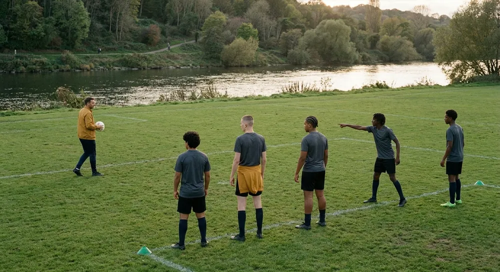 A back five in grey shifts across, the far-side full-back tucked narrow, as the coach moves the ball wide.