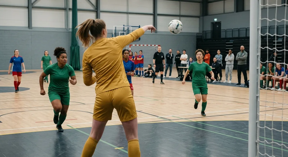 A futsal keeper in yellow throws the ball out overarm after a save as two teammates sprint wide on the counter.