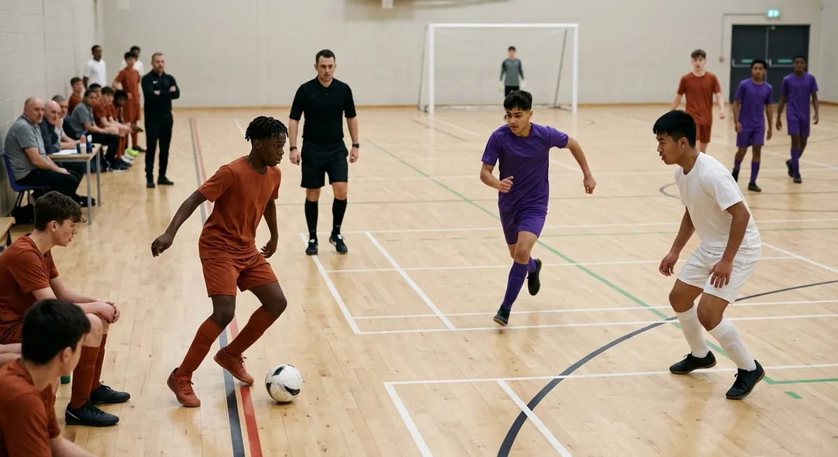 At a youth futsal match, a player in rust orange brings the ball along the touchline as a player in purple and a defender in white close in.