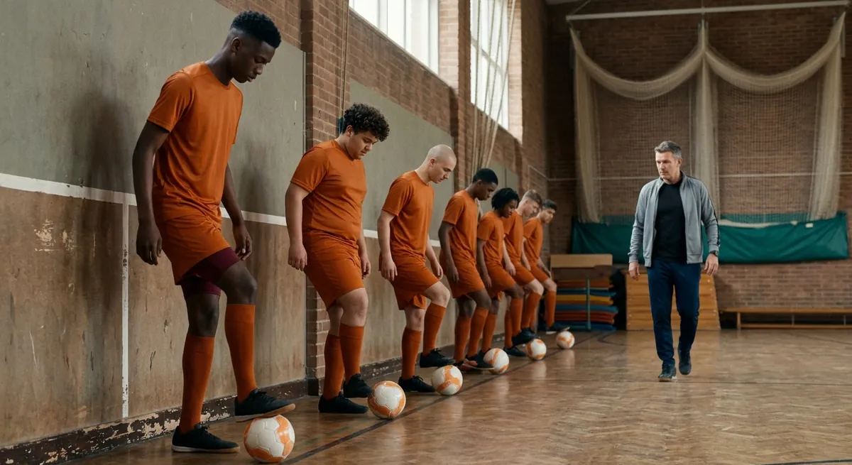 A row of players in orange stops passes back off a sports-hall wall dead under the sole.
