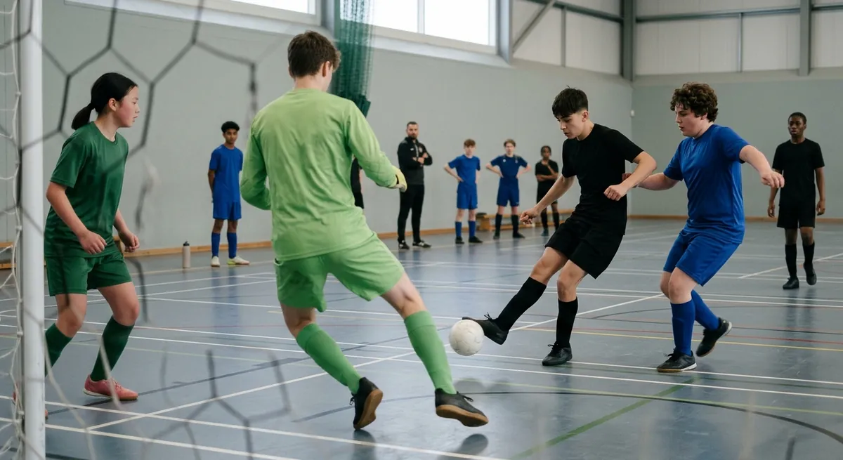 A futsal forward in black turns with a sole drag and toe-pokes the ball low past a keeper who is late to drop.