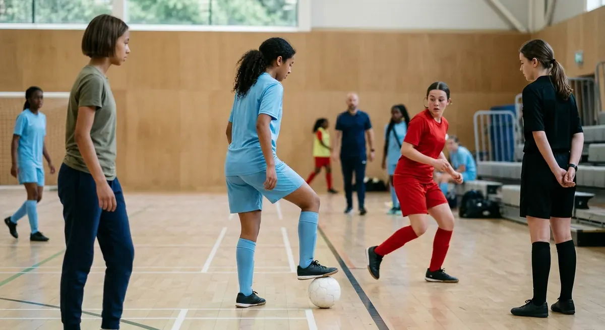 A futsal winger in sky blue stops the ball under her sole by the touchline as the defender freezes a step away.