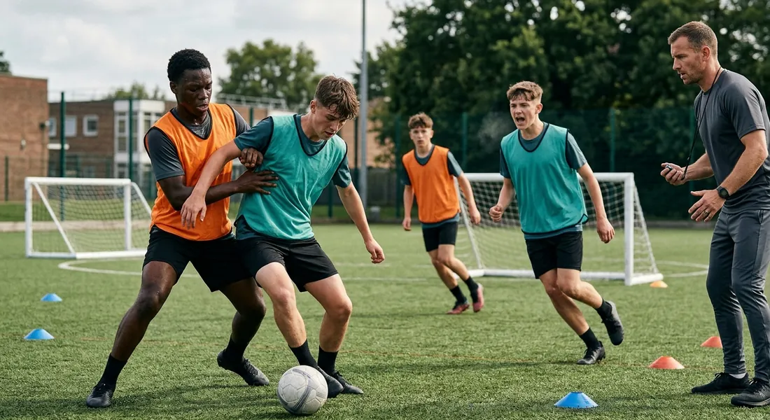 In a flat-out 2v2 on a tiny pitch, a player in teal moves to an angle to support his hassled teammate.