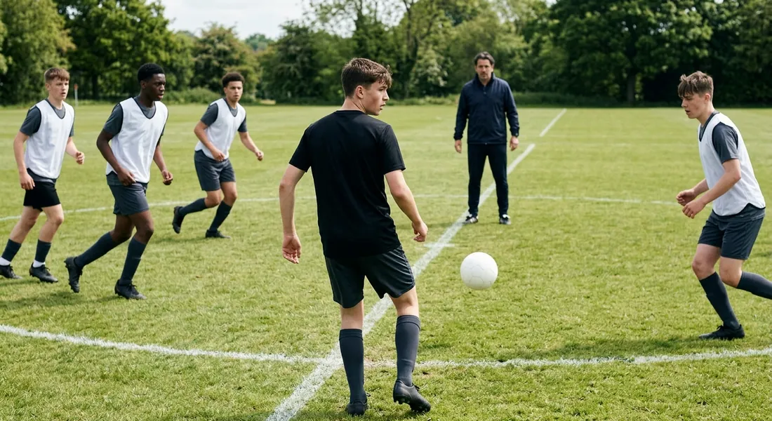 A midfielder checks over his shoulder while the ball is still travelling to him in the centre circle.