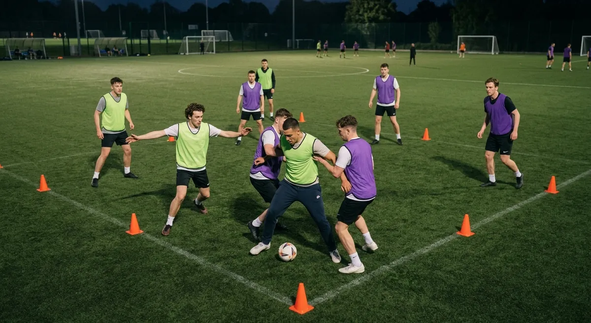 A teammate in a lime bib steps sideways into an angle for the pass as the player on the ball is pressed in 4v4.