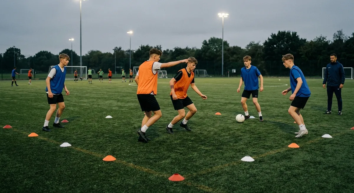 Two pressers in orange bibs hunt as a close pair to shut the pass through them in a 4v2.