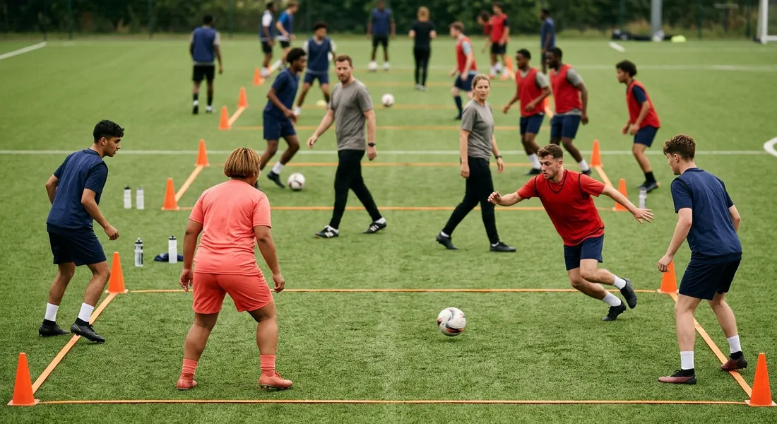 Three players in navy bibs hold the corners of a coned box and pass round a sprinting defender in red.