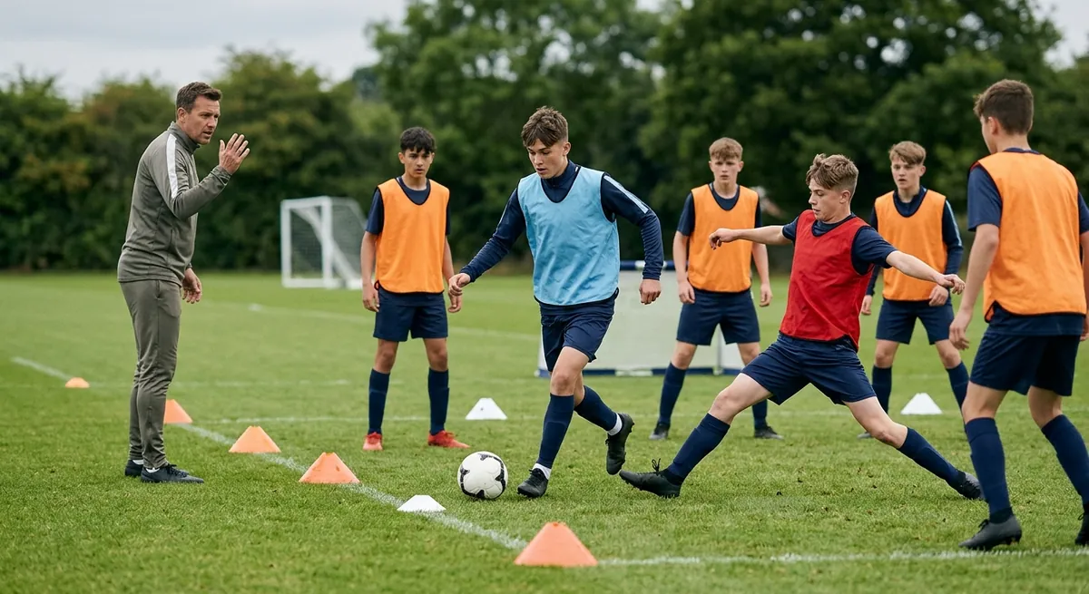 A player in sky blue dribbles out of a rondo square past a lunging presser as the coach asks why.