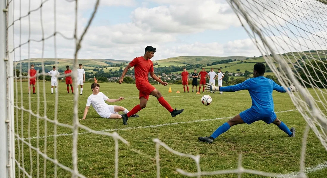 A teenager in red strikes first time from the edge of the box past a sliding defender as the keeper spreads.