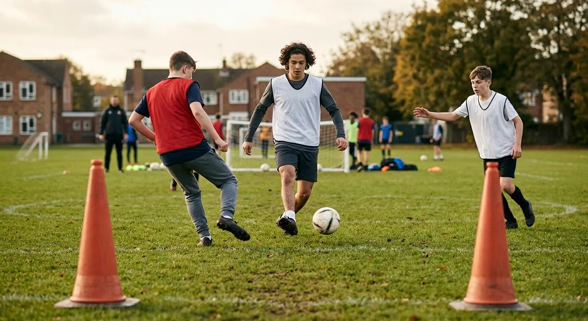 A player in white waits for the defender to commit, then splits him with a pass in a 3v1.