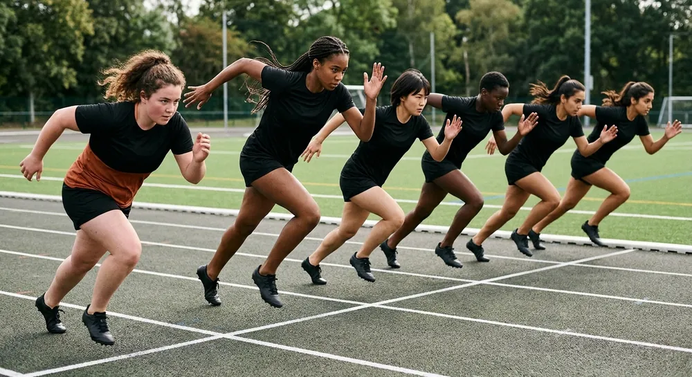 Six players in black drive out of a sprint start low and hard, the first three steps a half-yard apart.