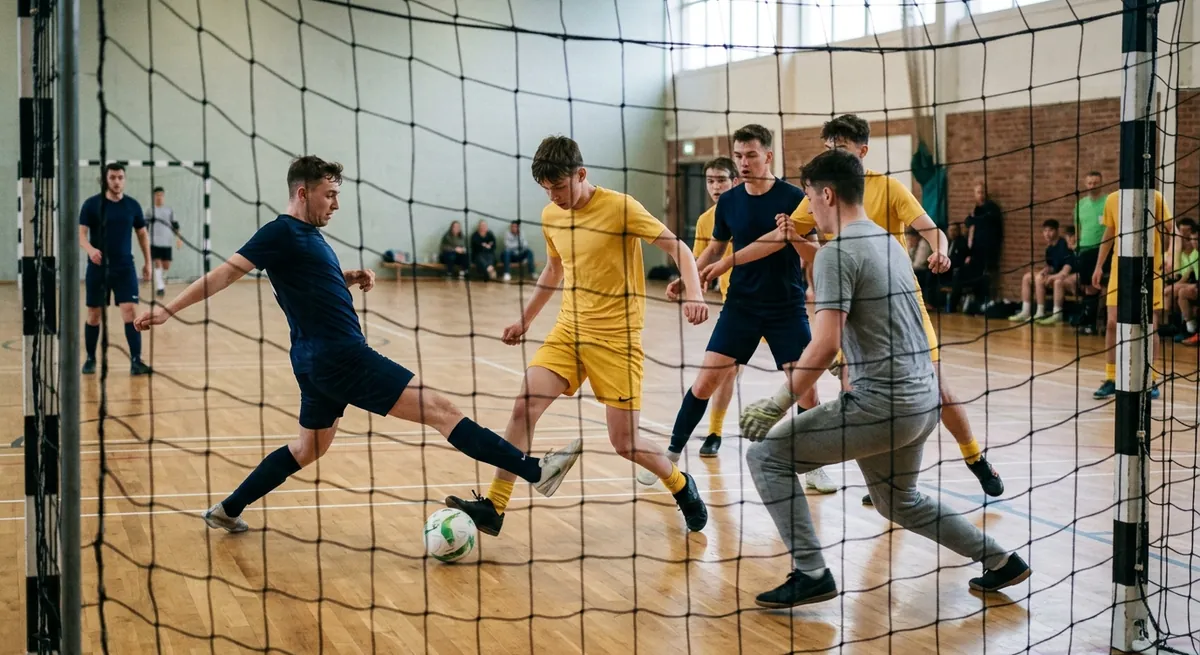 A player toe-pokes the ball early past a sliding defender on a futsal court before the keeper can set.