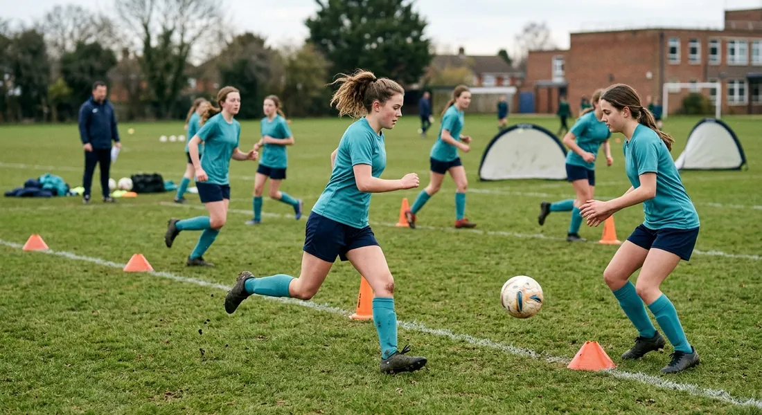 A player in teal sprints after her pass to the next cone as her teammate receives on the half-turn.