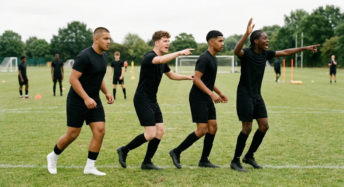 A back four in black slides across together, the far-side defender tucked narrow as the ball is switched.