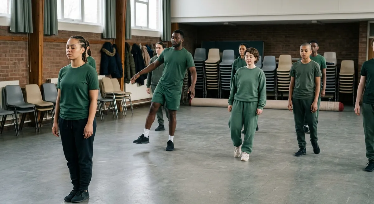 A squad in green stands on one foot with eyes shut in a loose grid in a church hall.