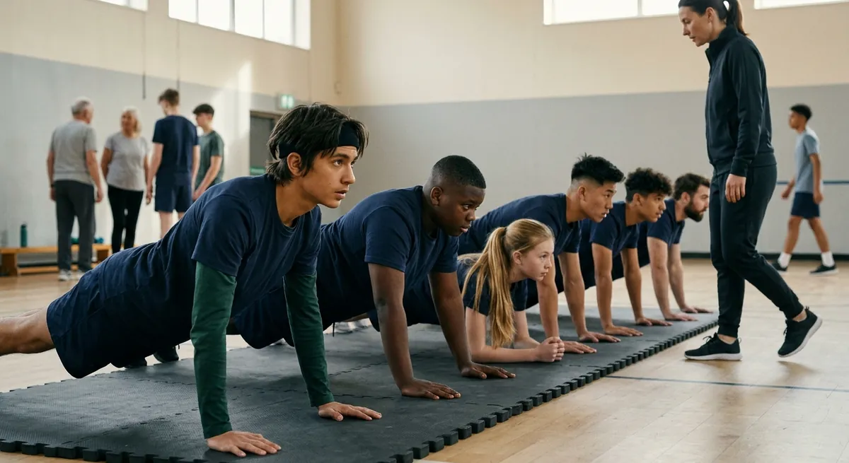 A squad in navy holds planks on a row of mats while a coach checks the hips.