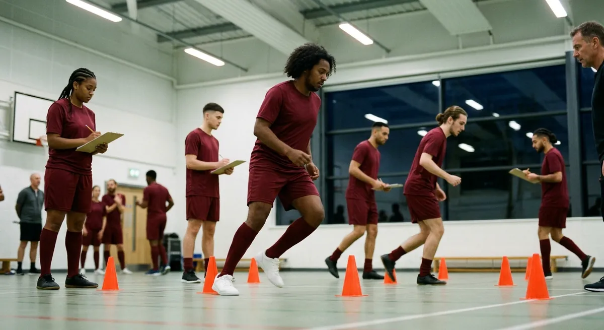 Pairs in maroon shuffle between cones in a gym, one working and one counting.