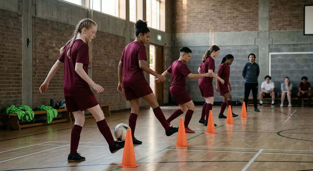A squad in maroon half-turns through cone gates as their balls return off a gym wall.