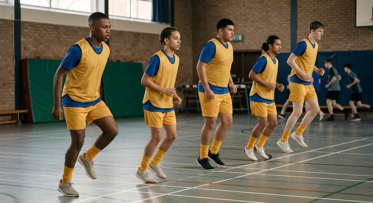 A team in gold bounds sideways over a gym line together, long and low.