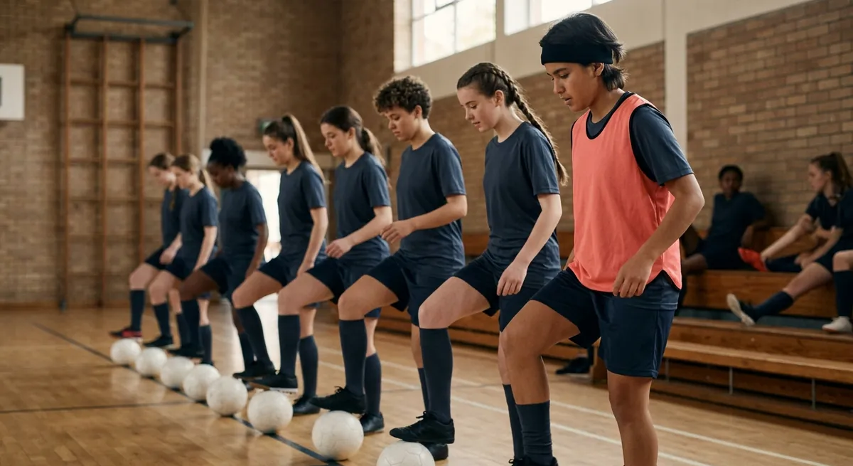 A squad in navy taps the tops of their balls with alternate feet along a gym sideline.