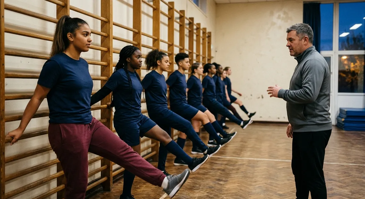 A team in navy do leg swings in a line at the gym wall bars while a coach counts.