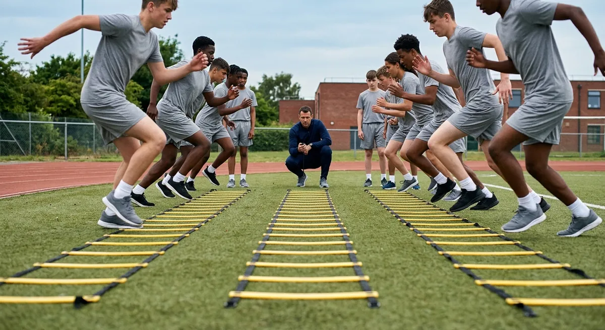 Three teenagers race on their toes through side-by-side speed ladders as the coach crouches with a stopwatch.