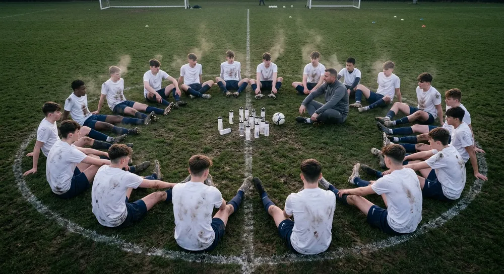 A muddy squad sits stretching in the centre circle after training while the coach sits among them talking.