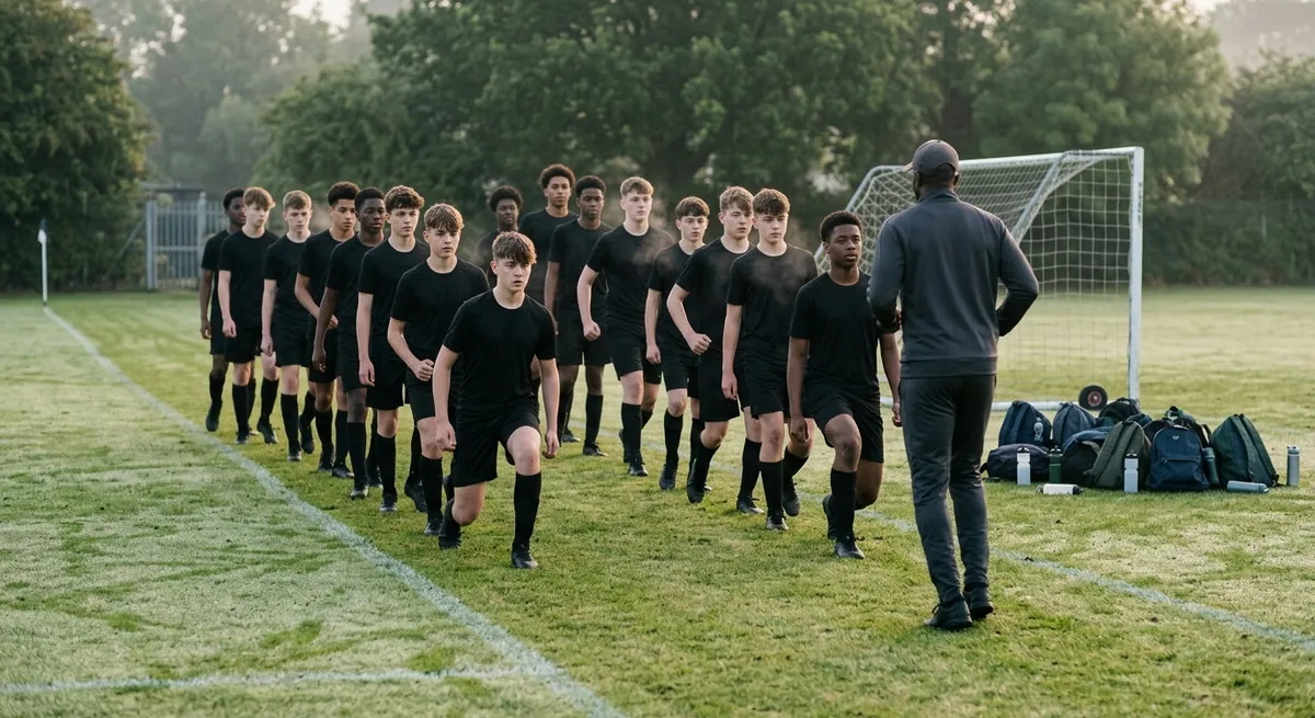 A squad in black training tops does walking lunges in two lines down a dewy school field while the coach calls the count.