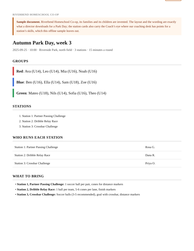 A sample Park Day pack: the day's three colour groups by first name and age band, its three stations, who runs each station, and what to bring.