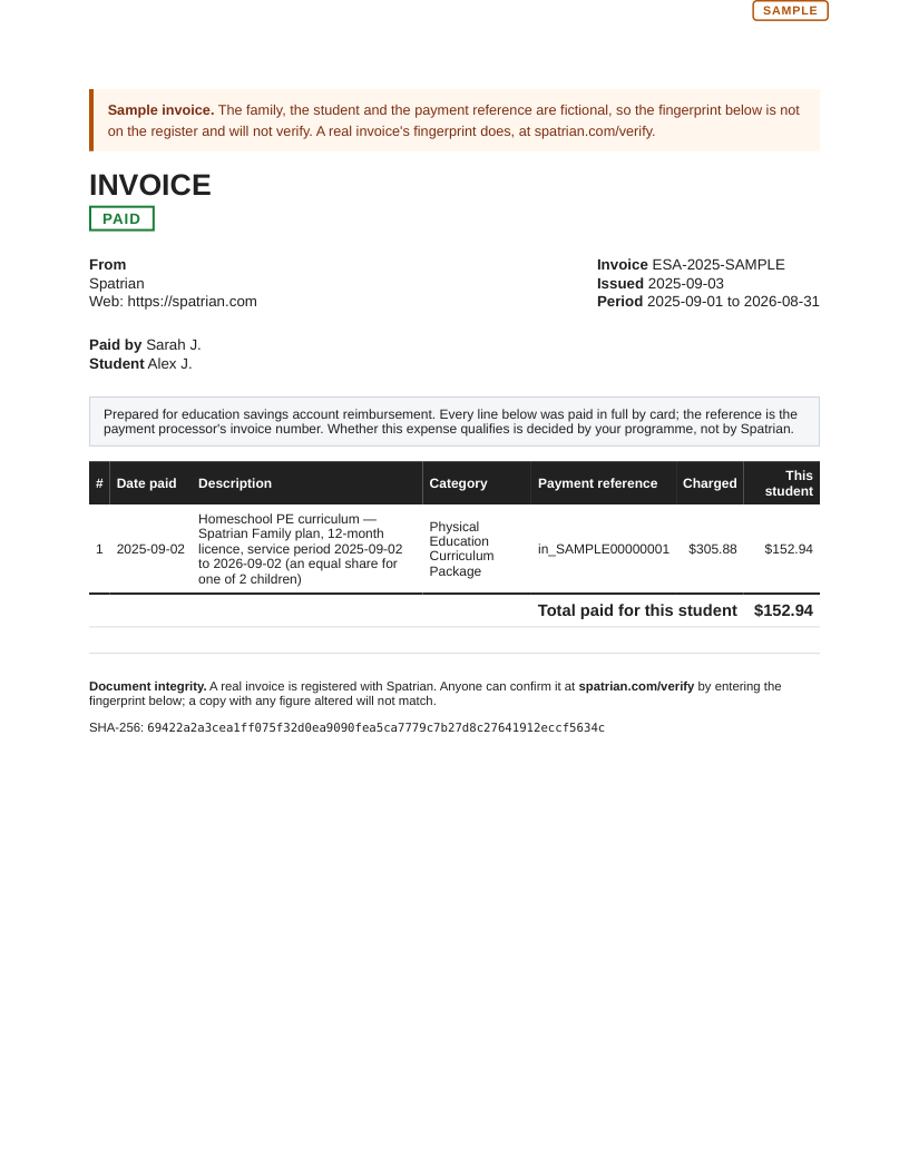 A sample invoice marked paid: one line for a 12-month homeschool PE curriculum licence, shared between two children, with the payment reference and a fingerprint.