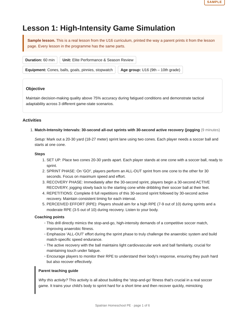 First page of a sample lesson plan: the lesson title, duration, unit, equipment and grade, the objective, and the first activity's setup, steps and coaching points.