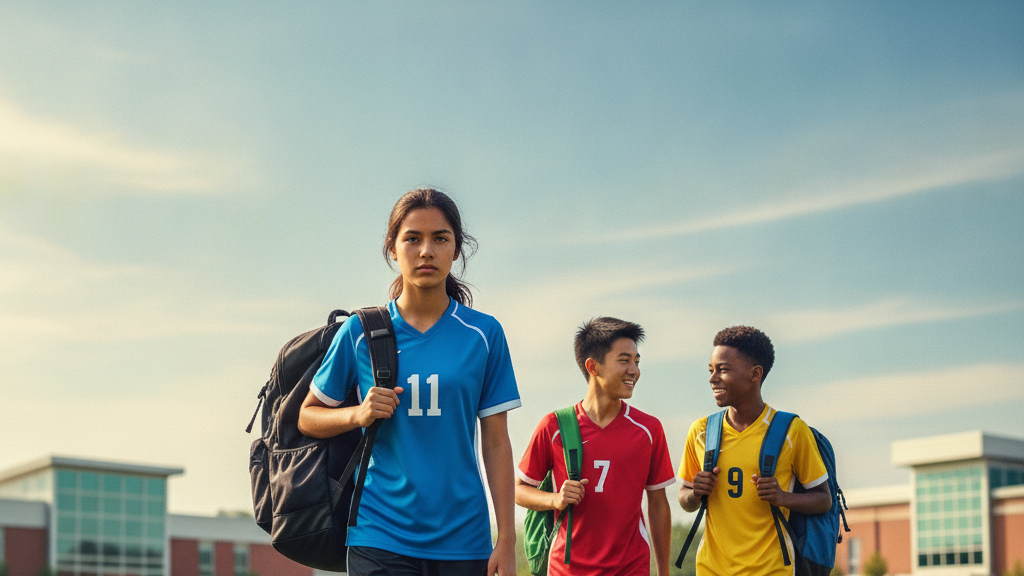 Youth soccer players, including a homeschooled athlete, walking onto a field, ready for practice or a game, symbolizing determination and opportunity.