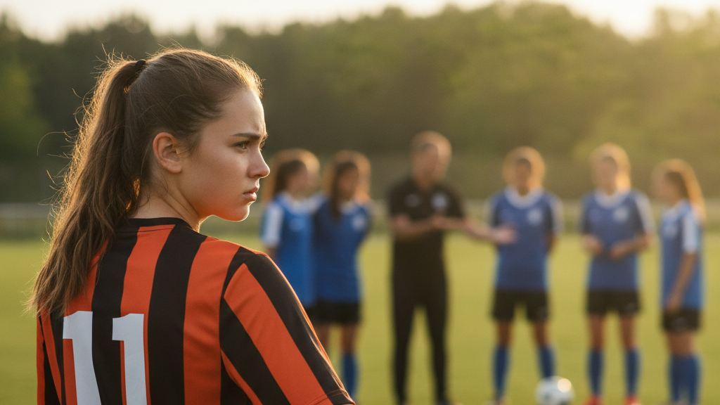 A young soccer player with a pensive expression, observing a team practice, conveying the challenge of youth soccer team placement frustration.
