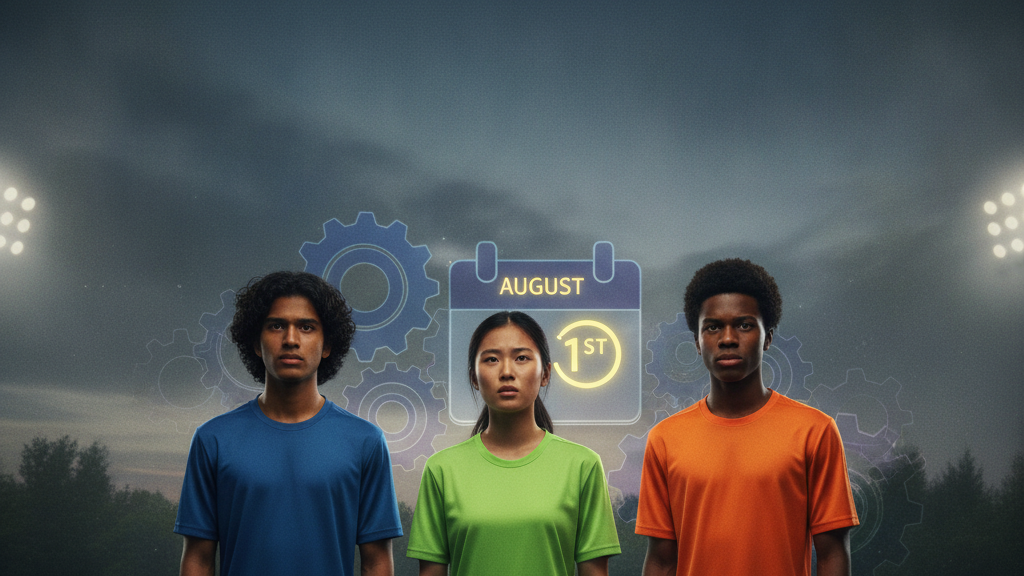 Youth soccer players on a field, symbolizing confusion and determination amidst new age matrix rules.