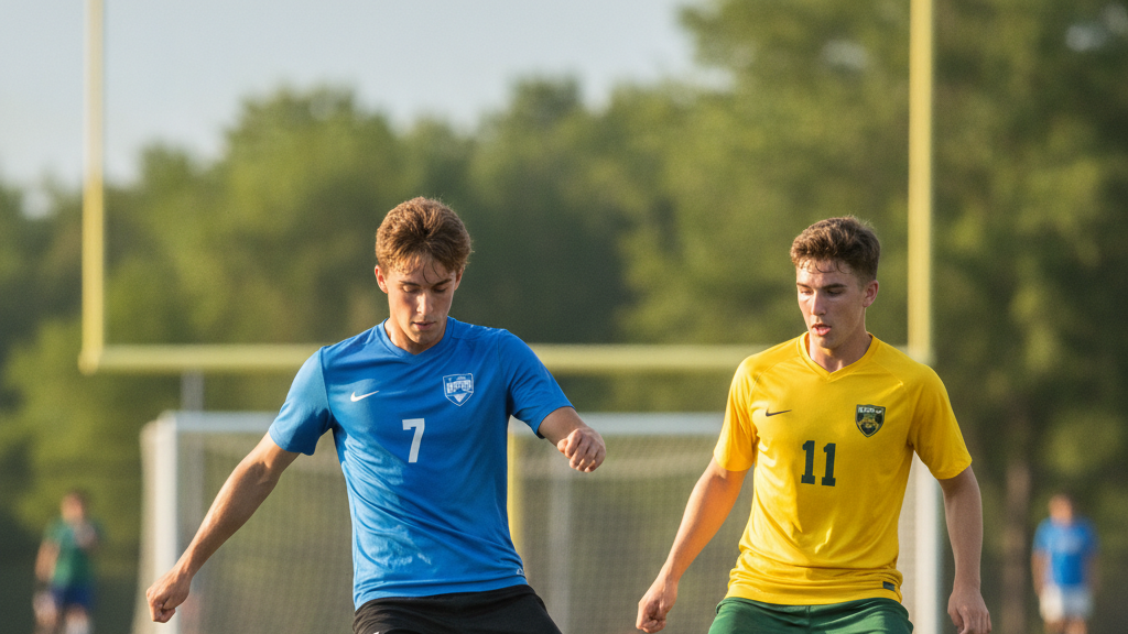 Young soccer player demonstrating optimal soccer passing technique on a green field.