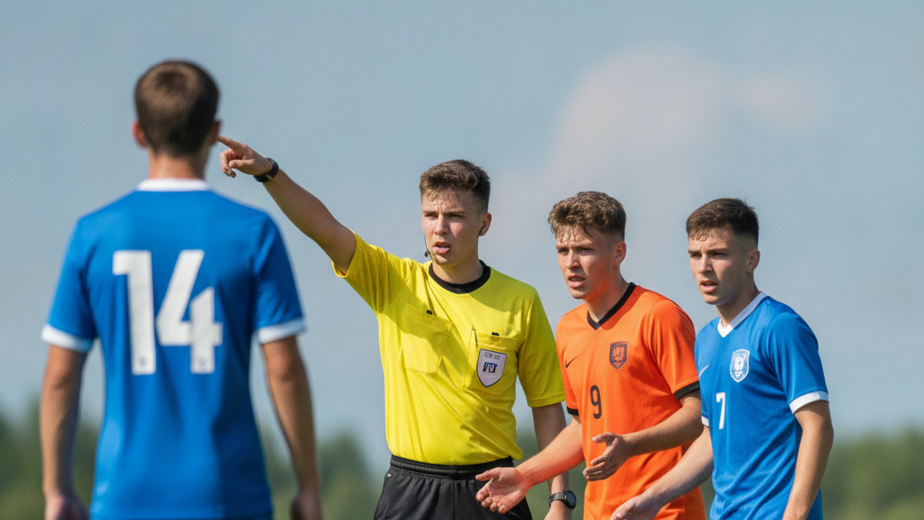 A youth soccer referee making a call during an intense game, with players in motion on a green field.