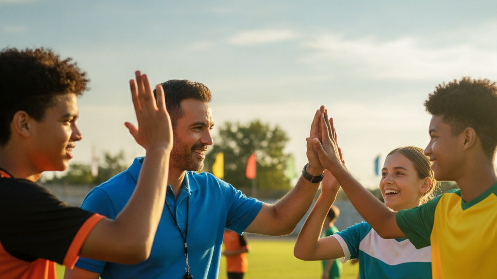 A supportive youth soccer coach high-fiving a diverse group of happy young players on a field, emphasizing team spirit and development.