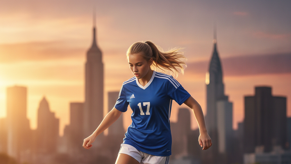 Young soccer player dribbling on a field with New York City skyline in background, symbolizing the balance of sports and education.